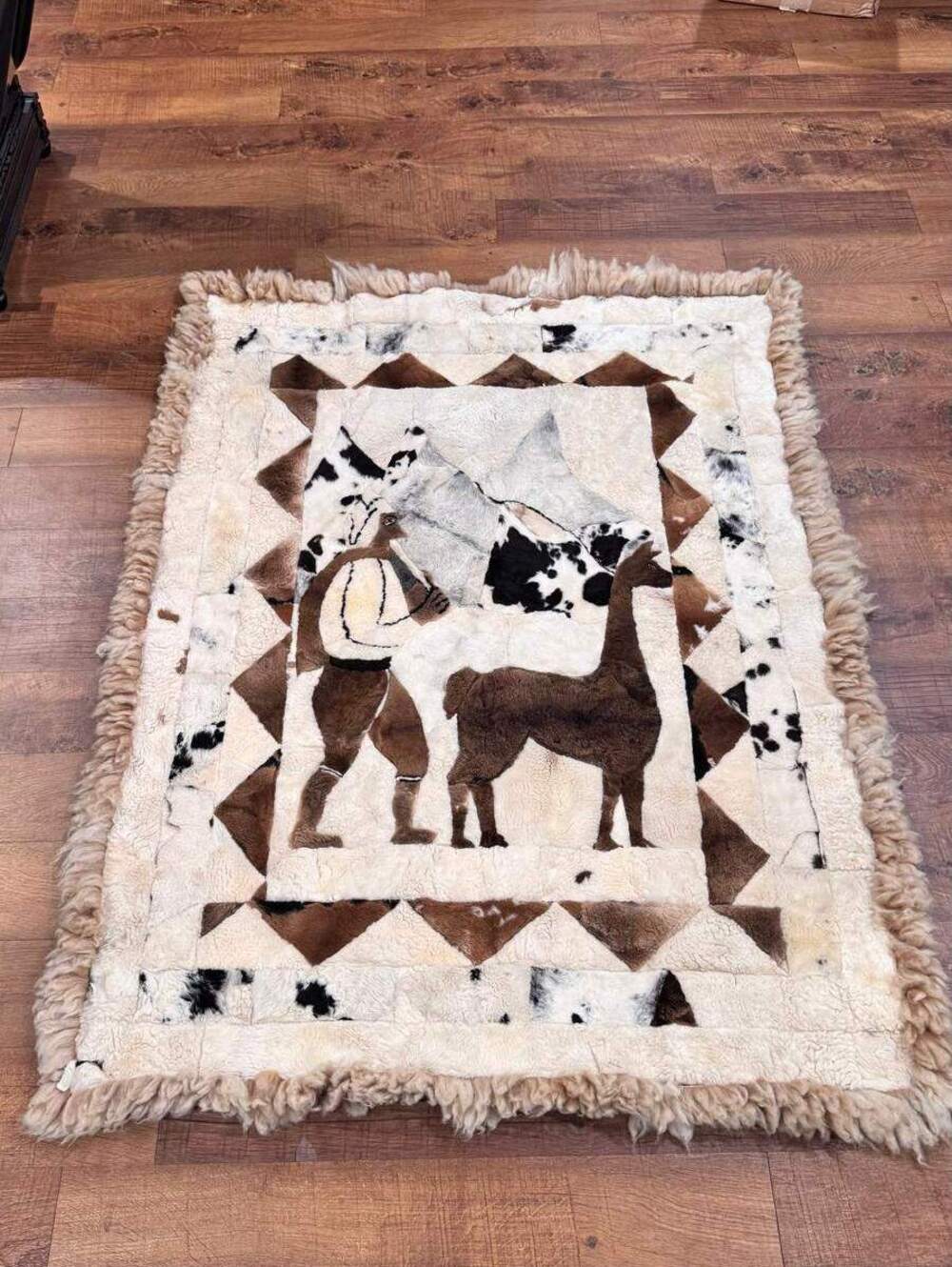 Vintage Andean Alpaca Llama Hide Patchwork Wall Hanging Rug 50x65 Peru